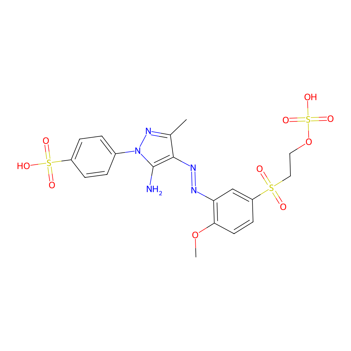 p-(5-Amino-4-((2-methoxy-5-((2-(sulphooxy)ethyl)sulphonyl)phenyl)azo)-3-methyl-1H-pyrazol-1-yl)benzenesulphonic acid molecular structure, CAS 24353-00-2