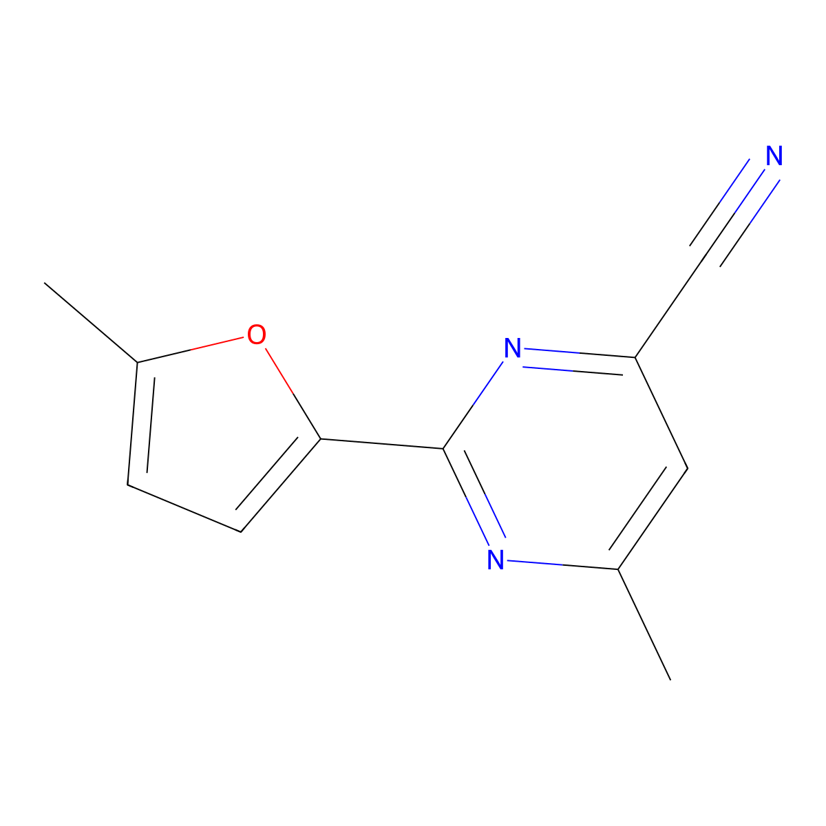 6-Methyl-2-(5-methylfuran-2-yl)pyrimidine-4-carbonitrile molecular structure, CAS 2436318-29-3