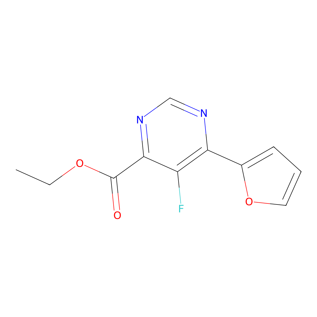 Ethyl 5-fluoro-6-(furan-2-yl)pyrimidine-4-carboxylate molecular structure, CAS 2436359-33-8