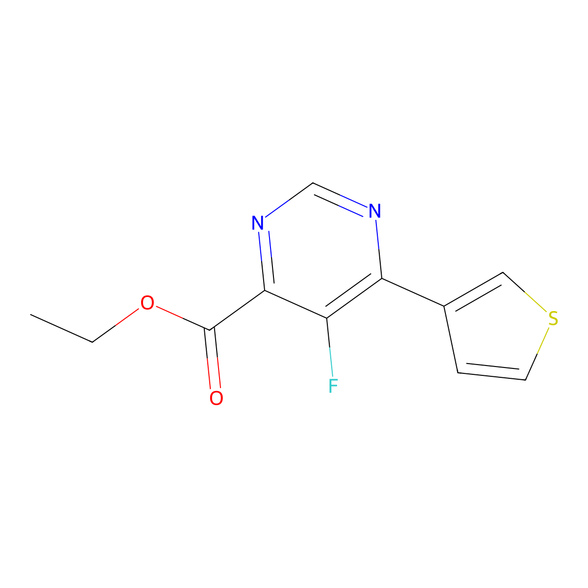Ethyl 5-fluoro-6-(thiophen-3-yl)pyrimidine-4-carboxylate molecular structure, CAS 2436648-96-1