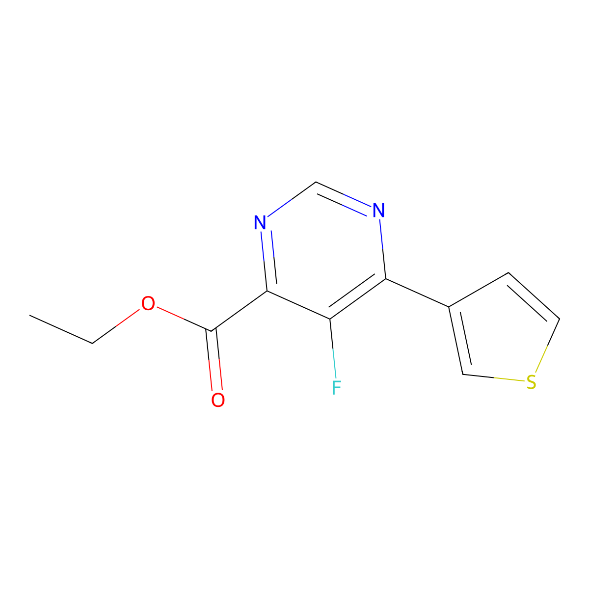 Ethyl 5-fluoro-6-(thiophen-3-yl)pyrimidine-4-carboxylate molecular structure, CAS 2436648-96-1