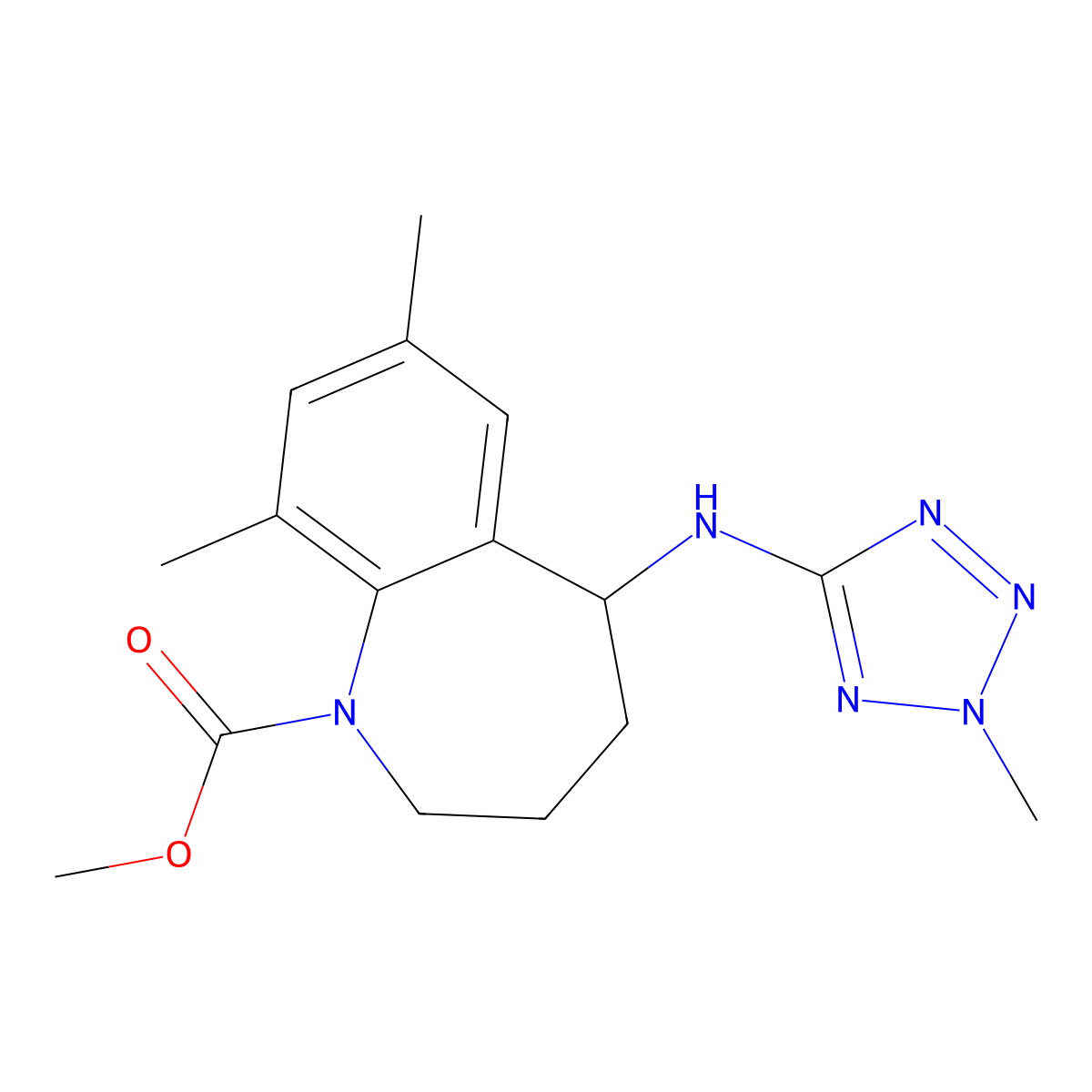 methyl 7,9-dimethyl-5-((2-methyl-2H-tetrazol-5-yl)amino)-2,3,4,5-tetrahydro-1H-benzo[b]azepine-1-carboxylate molecular structure, CAS 2436749-93-6