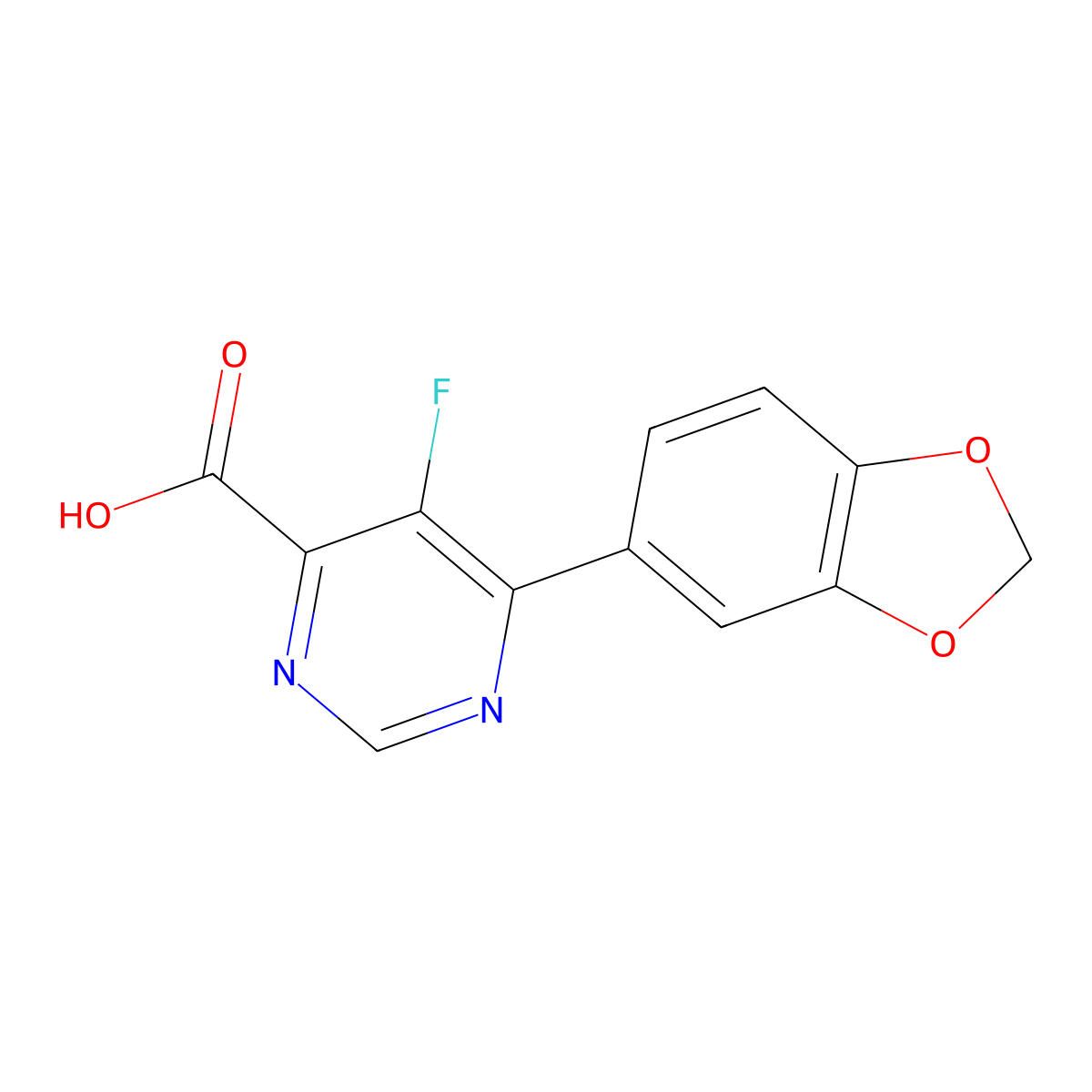 6-(2H-1,3-benzodioxol-5-yl)-5-fluoropyrimidine-4-carboxylic acid molecular structure, CAS 2437583-92-9