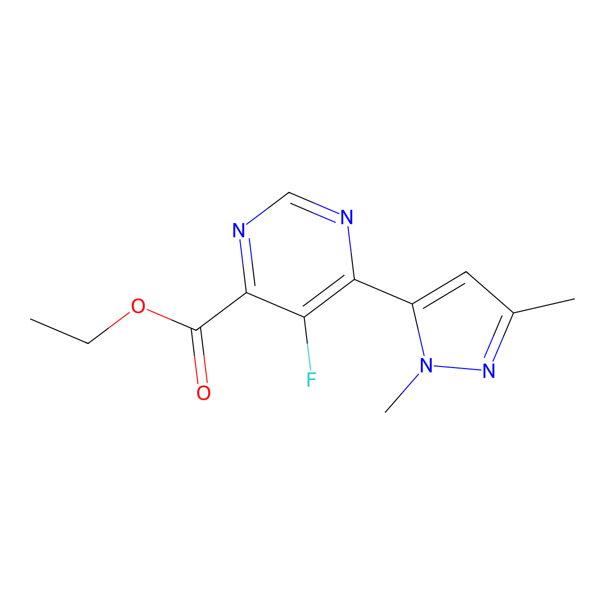 ethyl 6-(1,3-dimethyl-1H-pyrazol-5-yl)-5-fluoropyrimidine-4-carboxylate molecular structure, CAS 2438045-43-1