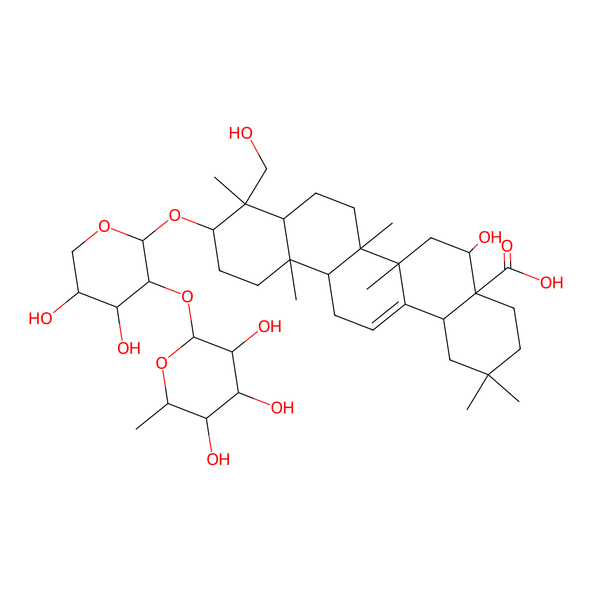 10-[4,5-Dihydroxy-3-(3,4,5-trihydroxy-6-methyloxan-2-yl)oxyoxan-2-yl]oxy-5-hydroxy-9-(hydroxymethyl)-2,2,6a,6b,9,12a-hexamethyl-1,3,4,5,6,6a,7,8,8a,10,11,12,13,14b-tetradecahydropicene-4a-carboxylic acid molecular structure, CAS 243857-99-0