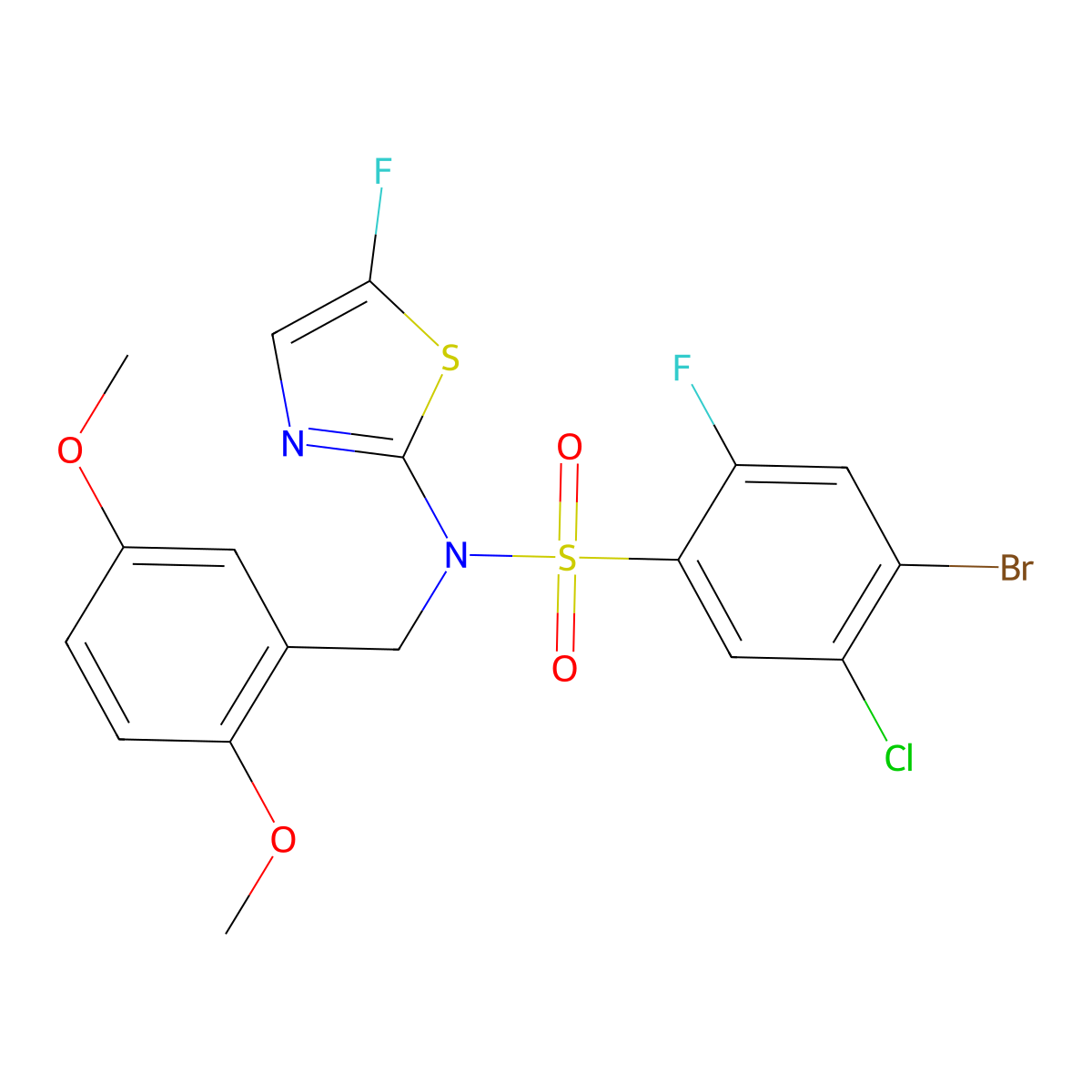 4-Bromo-5-chloro-N-(2,5-dimethoxybenzyl)-2-fluoro-N-(5-fluorothiazol-2-yl)benzenesulfonamide molecular structure, CAS 2438599-17-6