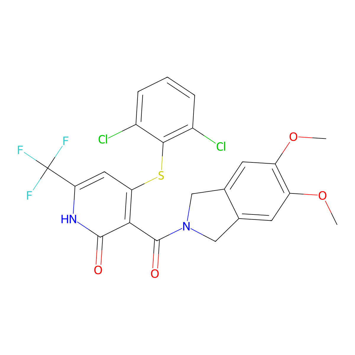 4-((2,6-dichlorophenyl)thio)-3-(5,6-dimethoxyisoindoline-2-carbonyl)-6-(trifluoromethyl)pyridin-2(1H)-one molecular structure, CAS 2438637-61-5