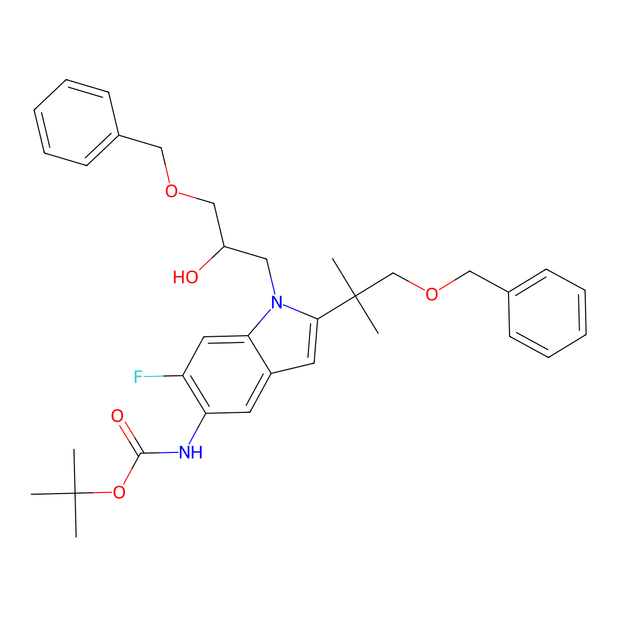 (R)-tert-butyl (1-(3-(benzyloxy)-2-hydroxypropyl)-2-(1-(benzyloxy)-2-Methylpropan-2-yl)-6-fluoro-1H-indol-5-yl)carbaMate molecular structure, CAS 2438856-38-1