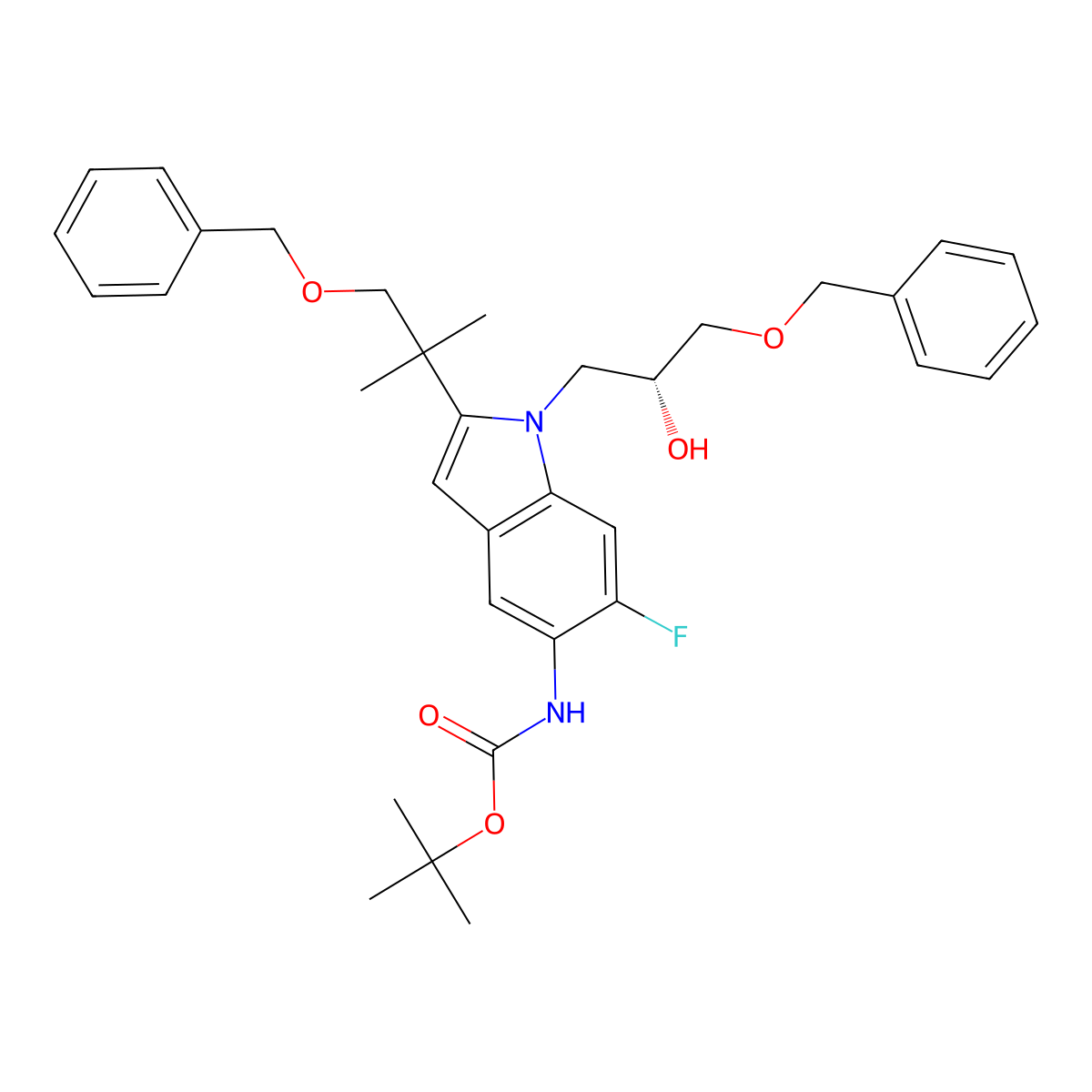 (R)-tert-butyl (1-(3-(benzyloxy)-2-hydroxypropyl)-2-(1-(benzyloxy)-2-Methylpropan-2-yl)-6-fluoro-1H-indol-5-yl)carbaMate molecular structure, CAS 2438856-38-1