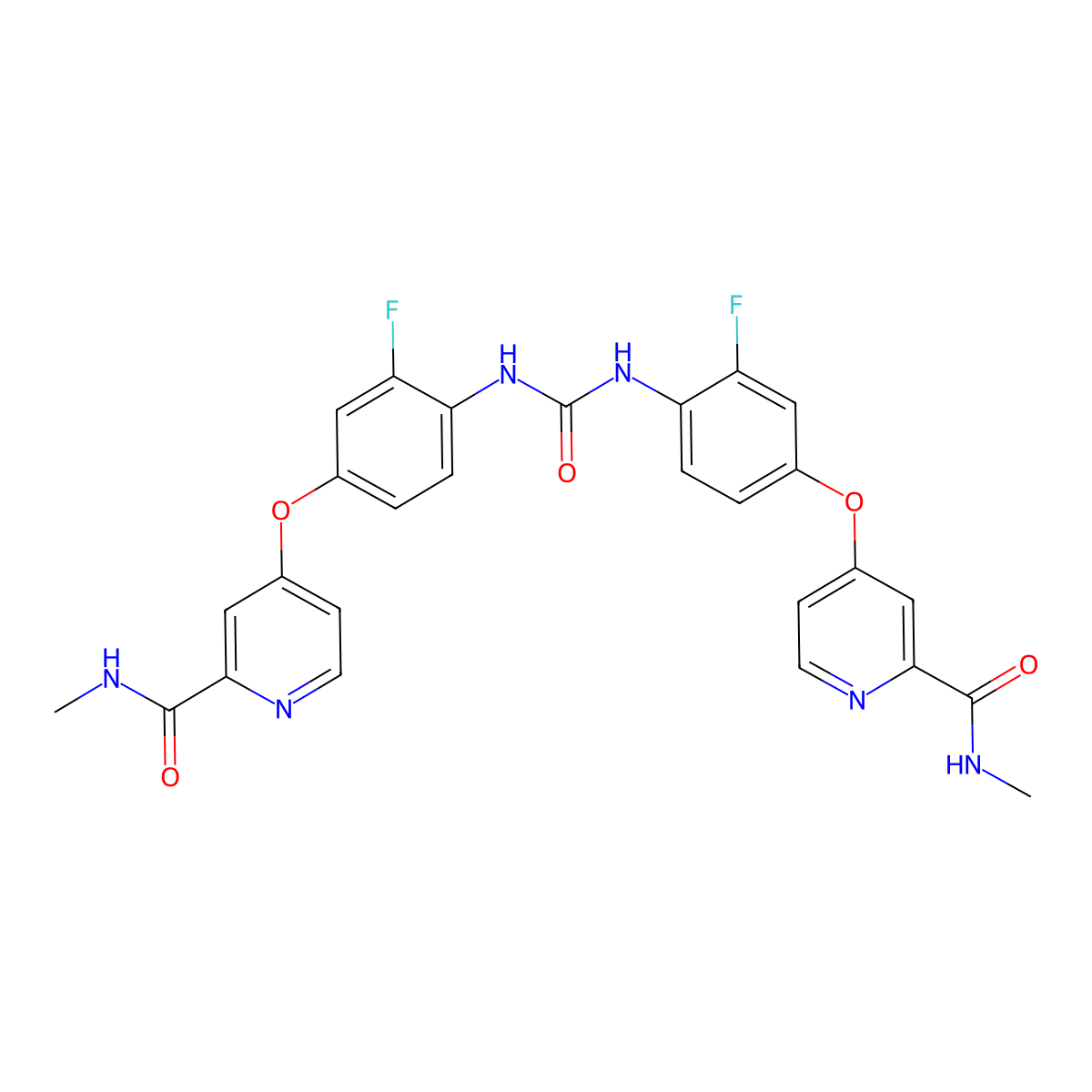 4,4'-(((carbonylbis(azanediyl))bis(3-fluoro-4,1-phenylene))bis(oxy))bis(N-methylpicolinamide) molecular structure, CAS 2438857-80-6