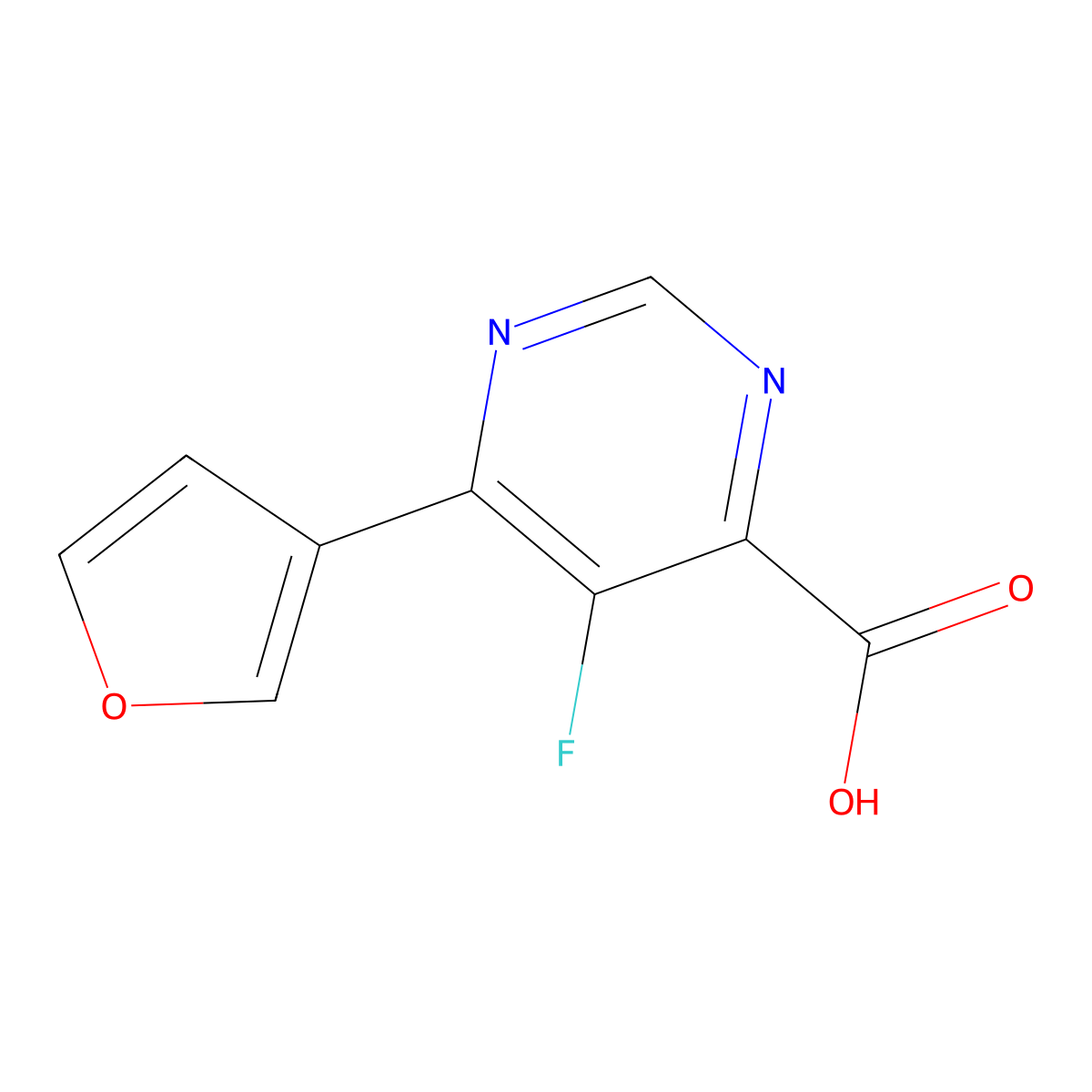 5-Fluoro-6-(furan-3-yl)pyrimidine-4-carboxylic acid molecular structure, CAS 2438887-01-3