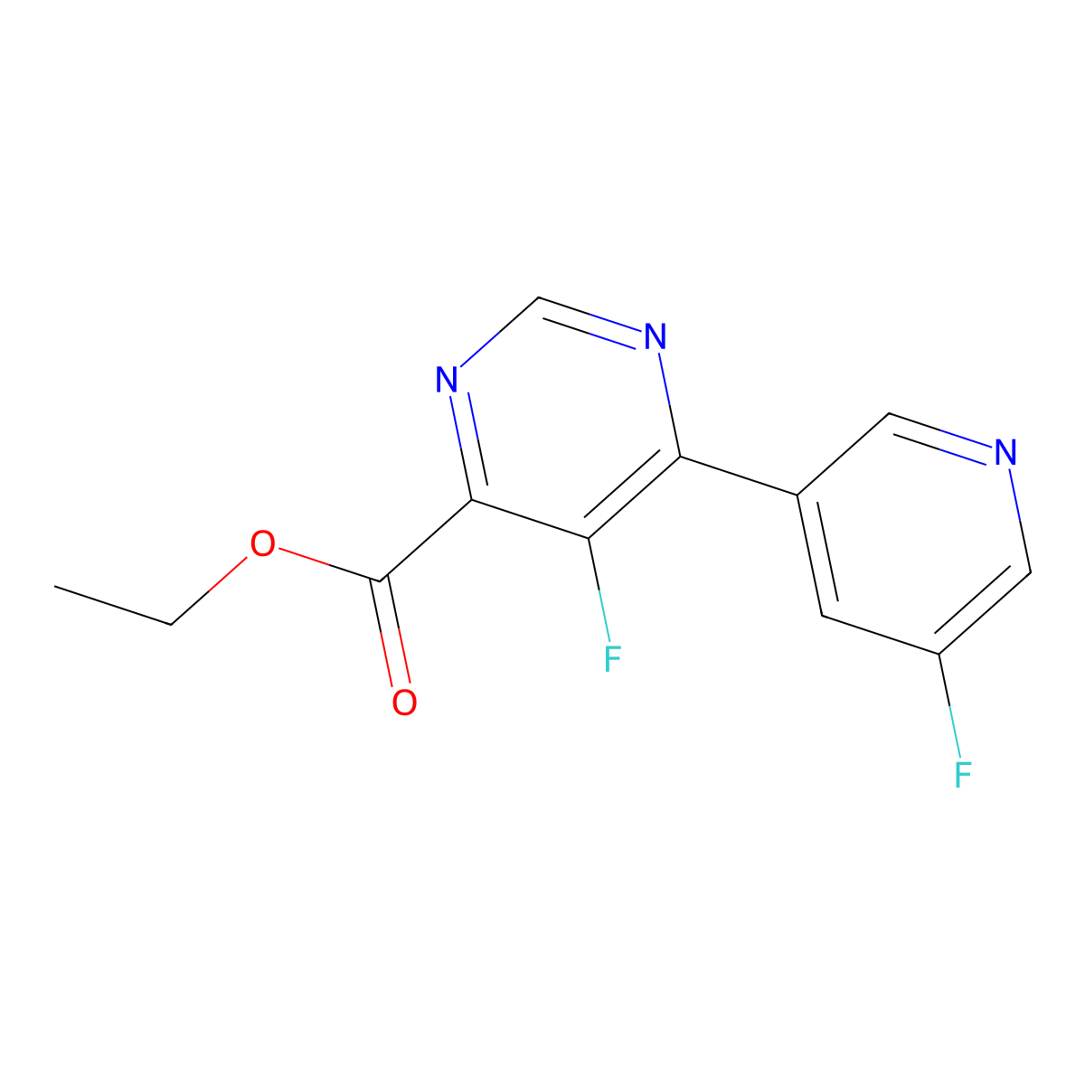 Ethyl 5-fluoro-6-(5-fluoropyridin-3-yl)pyrimidine-4-carboxylate molecular structure, CAS 2438887-83-1