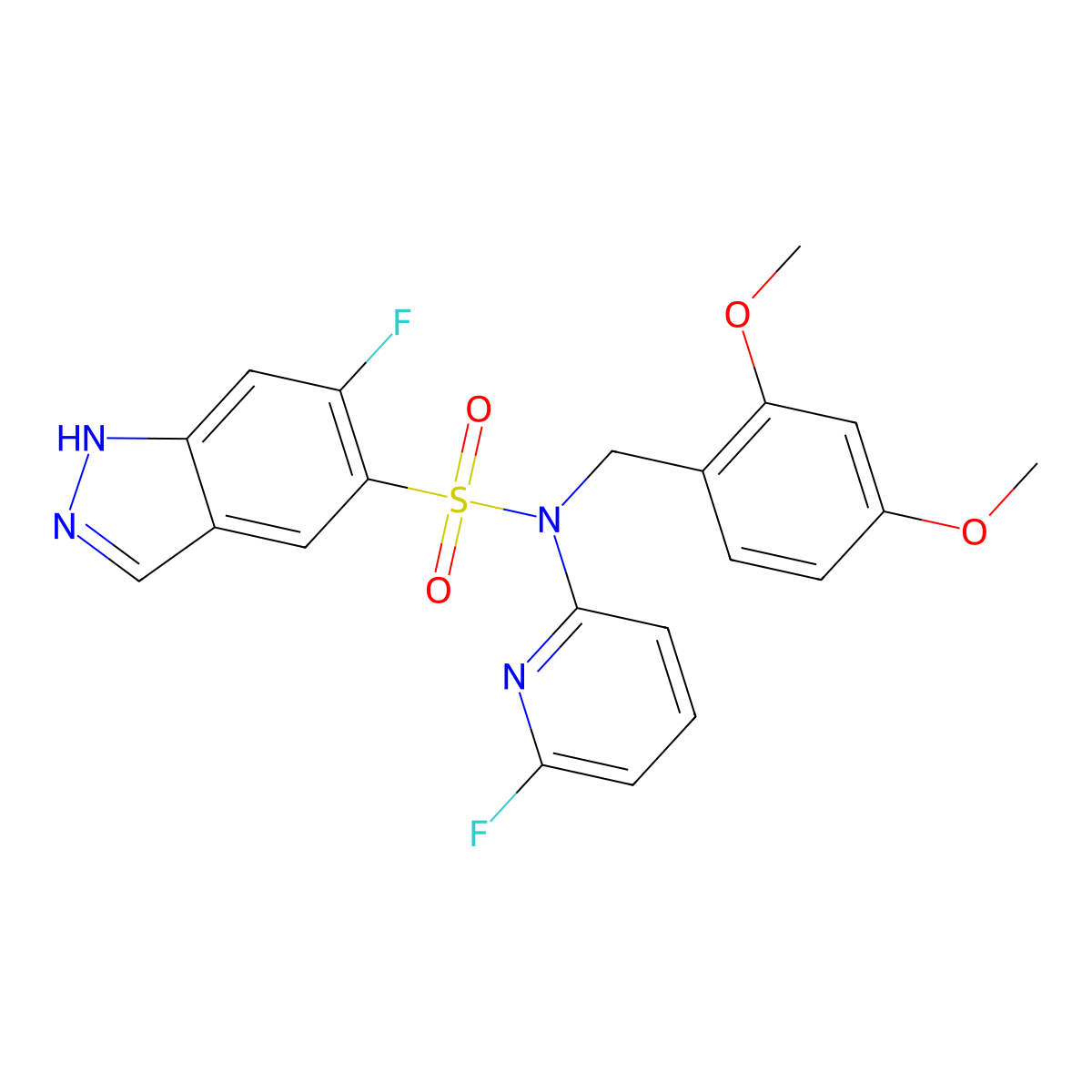 N-(2,4-dimethoxybenzyl)-6-fluoro-N-(6-fluoropyridin-2-yl)-1H-indazole-5-sulfonamide molecular structure, CAS 2438941-76-3