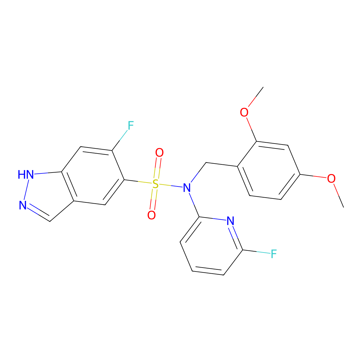N-(2,4-dimethoxybenzyl)-6-fluoro-N-(6-fluoropyridin-2-yl)-1H-indazole-5-sulfonamide molecular structure, CAS 2438941-76-3