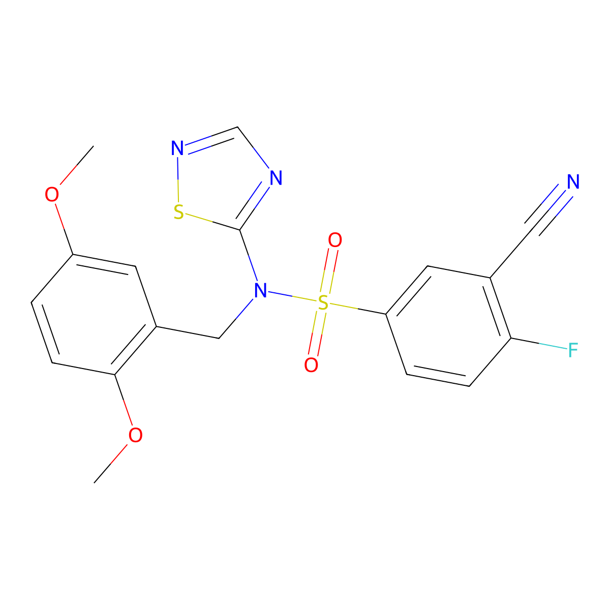 3-Cyano-N-(2,5-dimethoxybenzyl)-4-fluoro-N-(1,2,4-thiadiazol-5-yl)benzenesulfonamide molecular structure, CAS 2438941-93-4