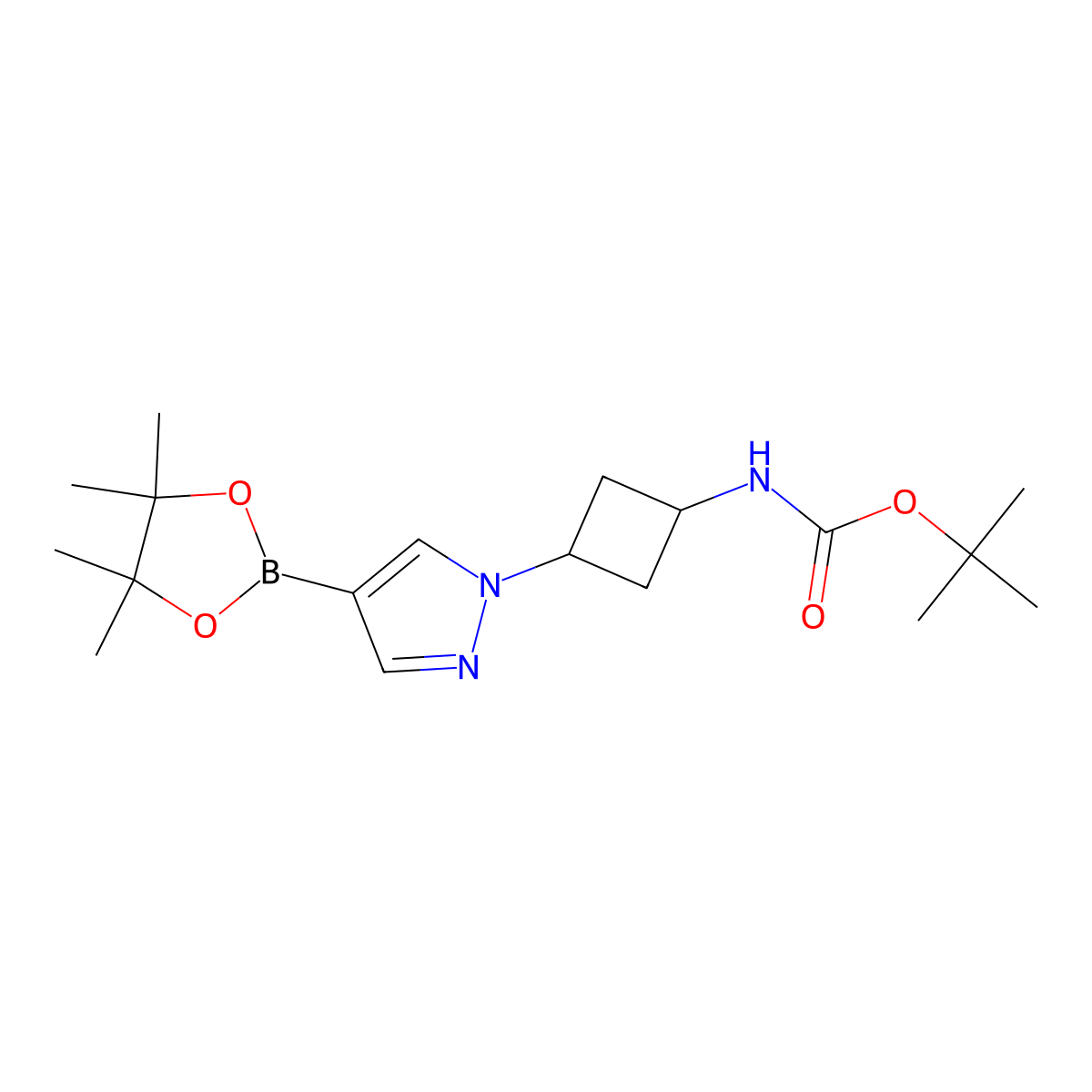 tert-Butyl (3-(4-(4,4,5,5-tetramethyl-1,3,2-dioxaborolan-2-yl)-1H-pyrazol-1-yl)cyclobutyl)carbamate molecular structure, CAS 2439223-60-4