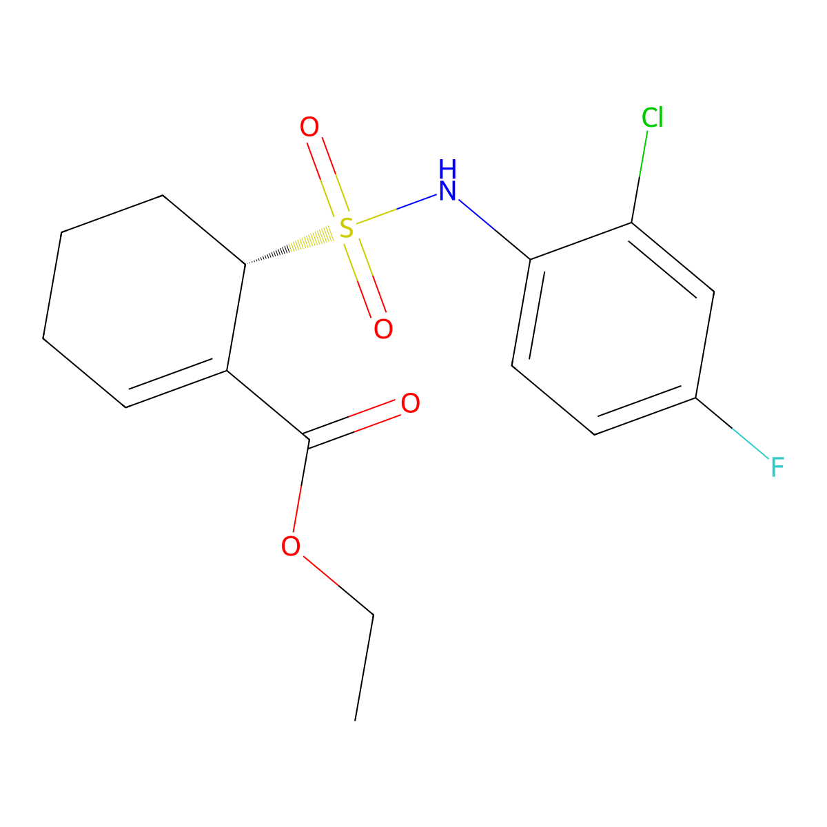(S)-ethyl 6-(N-(2-chloro-4-fluorophenyl)sulfamoyl)cyclohex-1-enecarboxylate molecular structure, CAS 243984-10-3