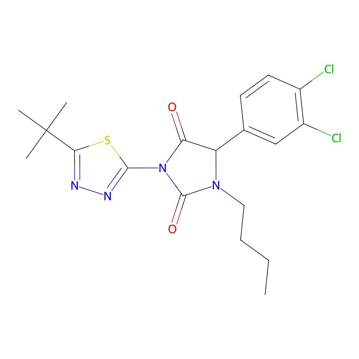 1-Butyl-3-(5-tert-butyl-1,3,4-thiadiazol-2-yl)-5-(3,4-dichlorophenyl)imidazolidine-2,4-dione molecular structure, CAS 244167-74-6