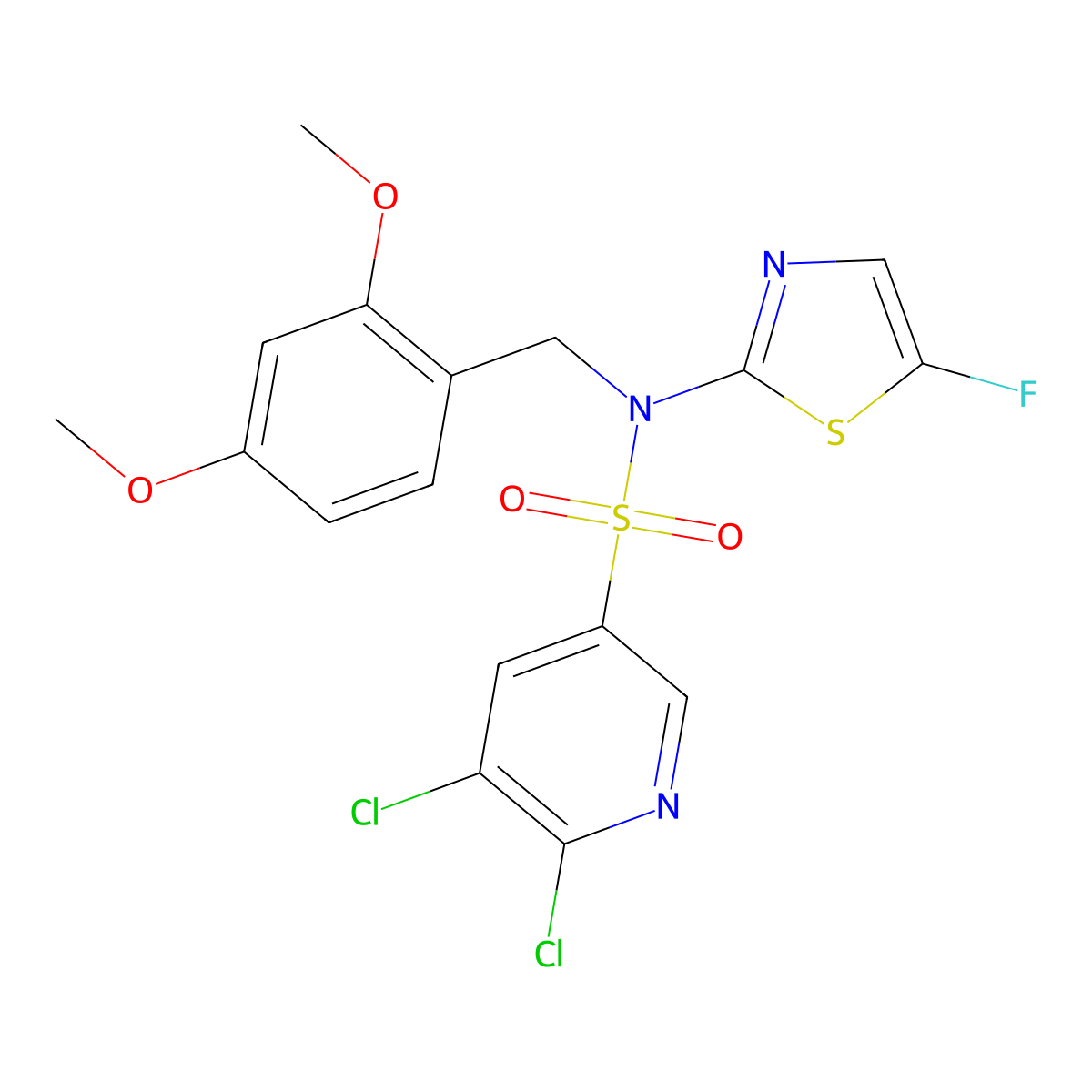 5,6-Dichloro-N-(2,4-dimethoxybenzyl)-N-(5-fluorothiazol-2-yl)pyridine-3-sulfonamide molecular structure, CAS 2441749-97-7