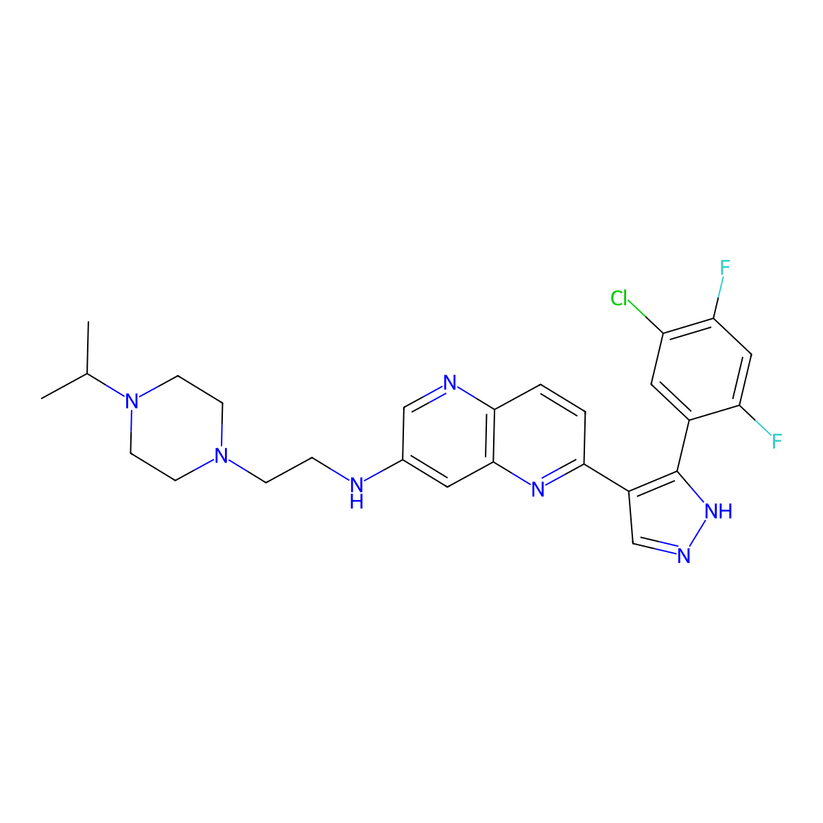 6-[5-(5-chloro-2,4-difluorophenyl)-1H-pyrazol-4-yl]-N-[2-(4-propan-2-ylpiperazin-1-yl)ethyl]-1,5-naphthyridin-3-amine molecular structure, CAS 2442519-59-5
