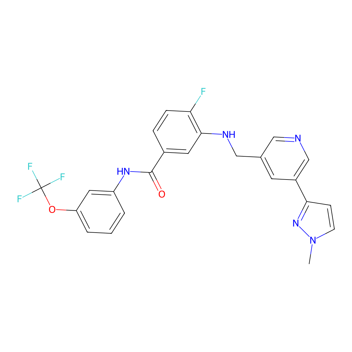 4-Fluoro-3-(((5-(1-methyl-1H-pyrazol-3-yl)pyridin-3-yl)methyl)amino)-N-(3-(trifluoromethoxy)phenyl)benzamide molecular structure, CAS 2442597-56-8