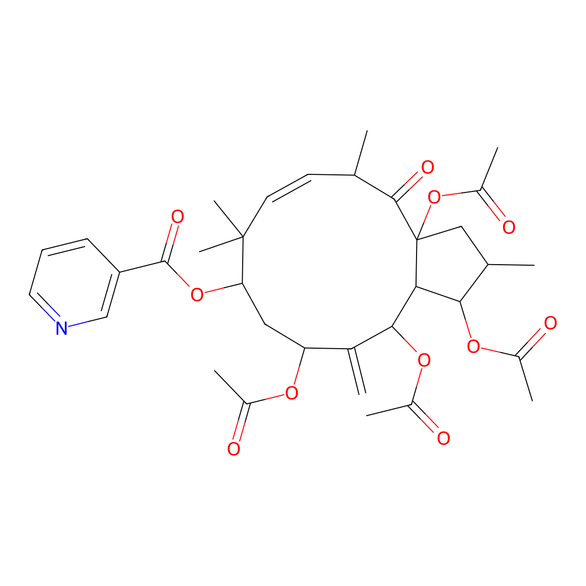 3,5,7,15-Tetraacetoxy-9-nicotinoyloxy-6(17),11-jatrophadien-14-one molecular structure, CAS 244277-75-6