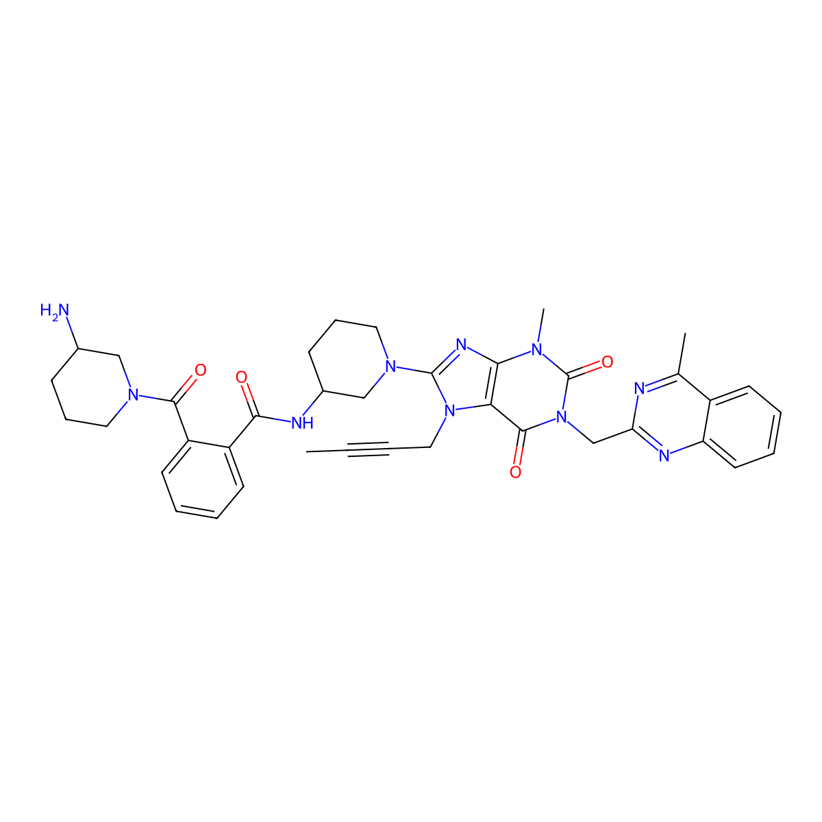 2-((R)-3-aminopiperidine-1-carbonyl)-N-((R)-1-(7-(but-2-yn-1-yl)-3-methyl-1-((4-methylquinazolin-2-yl)methyl)-2,6-dioxo-2,3,6,7-tetrahydro-1H-purin-8-yl)piperidin-3-yl)benzamide molecular structure, CAS 2443735-53-1