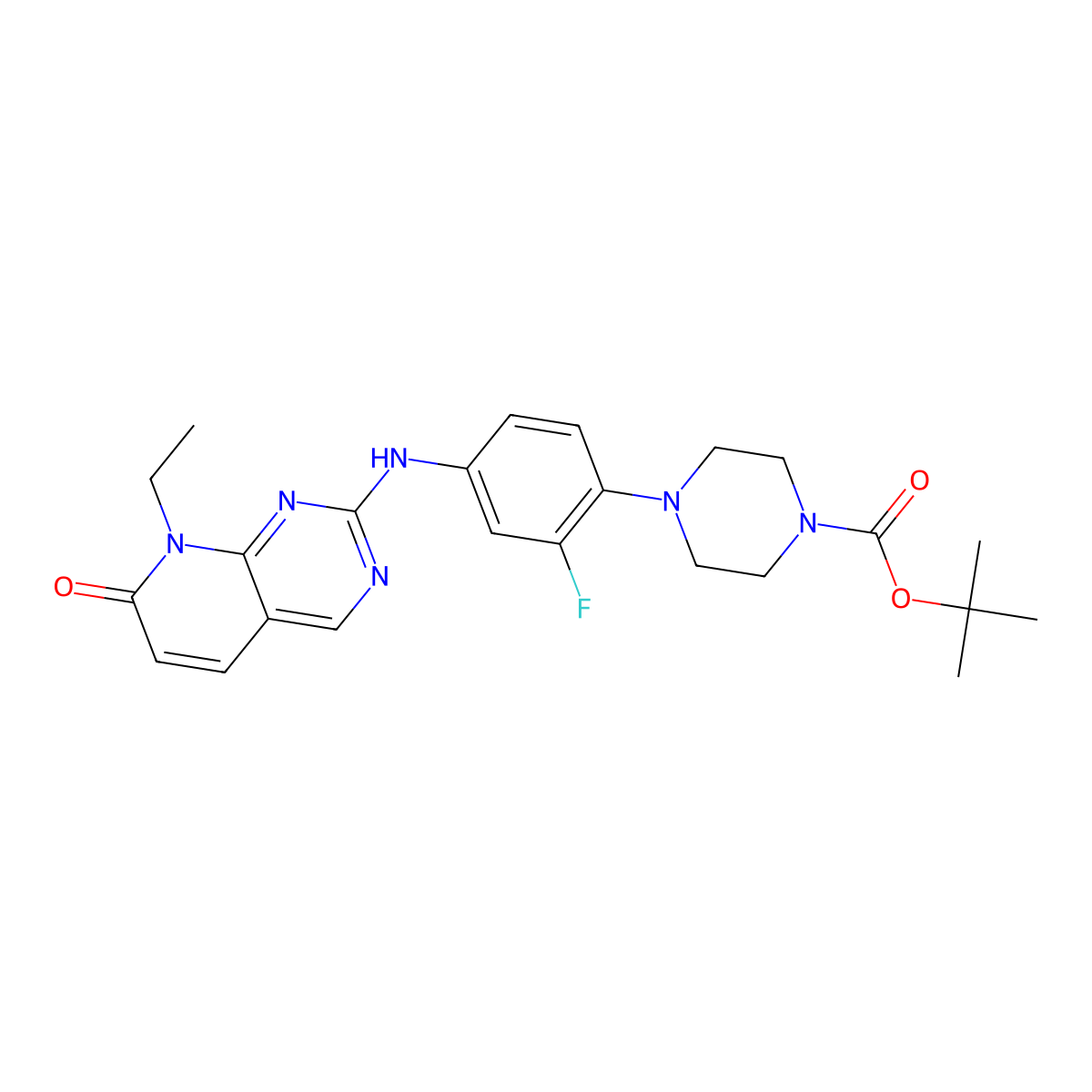 Tert-butyl 4-(4-((8-ethyl-7-oxo-7,8-dihydropyrido[2,3-d]pyrimidin-2-yl)amino)-2-fluorophenyl)piperazine-1-carboxylate molecular structure, CAS 2443767-09-5
