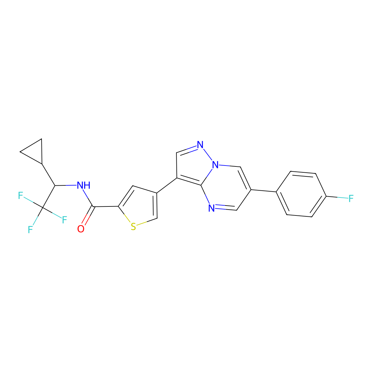 (S)-N-(1-cyclopropyl-2,2,2-trifluoroethyl)-4-(6-(4-fluorophenyl)pyrazolo[1,5-a]pyrimidin-3-yl)thiophene-2-carboxamide molecular structure, CAS 2443816-45-1