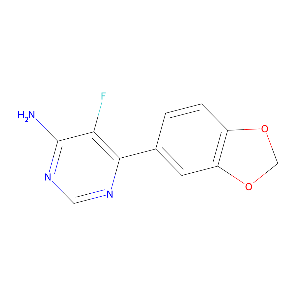 6-(2H-1,3-benzodioxol-5-yl)-5-fluoropyrimidin-4-amine molecular structure, CAS 2443843-99-8
