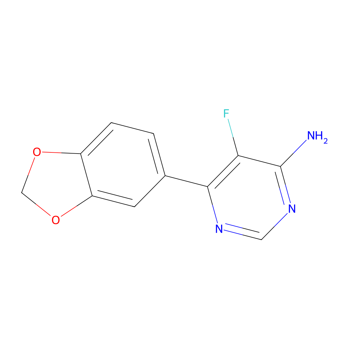 6-(2H-1,3-benzodioxol-5-yl)-5-fluoropyrimidin-4-amine molecular structure, CAS 2443843-99-8