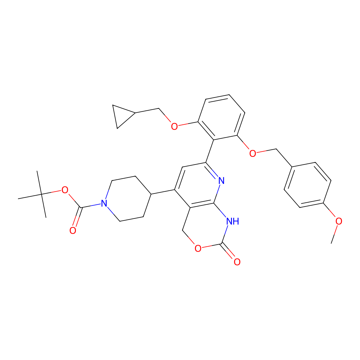 tert-butyl 4-(7-(2-(cyclopropylmethoxy)-6-((4-methoxybenzyl)oxy)phenyl)-2-oxo-2,4-dihydro-1H-pyrido[2,3-d][1,3]oxazin-5-yl)piperidine-1-carboxylate molecular structure, CAS 2444010-25-5