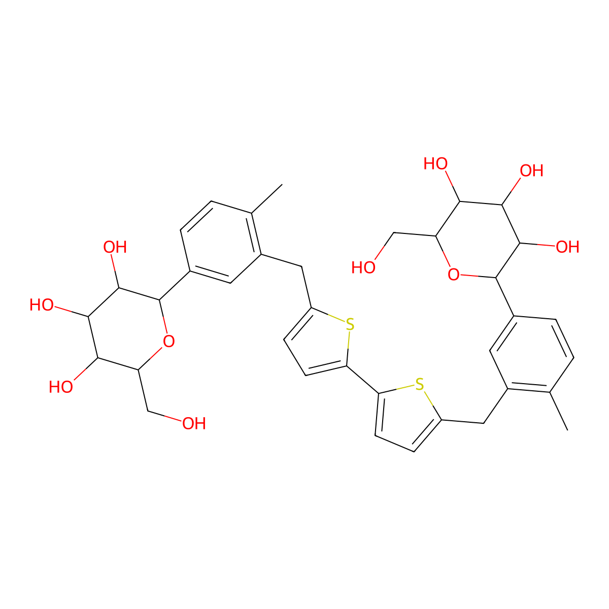 (2R,2'R,3S,3'S,4R,4'R,5R,5'R,6S,6'S)-6,6'-(([2,2'-bithiophene]-5,5'-diylbis(methylene))bis(4-methyl-3,1-phenylene))bis(2-(hydroxymethyl)tetrahydro-2H-pyran-3,4,5-triol) molecular structure, CAS 2444011-18-9