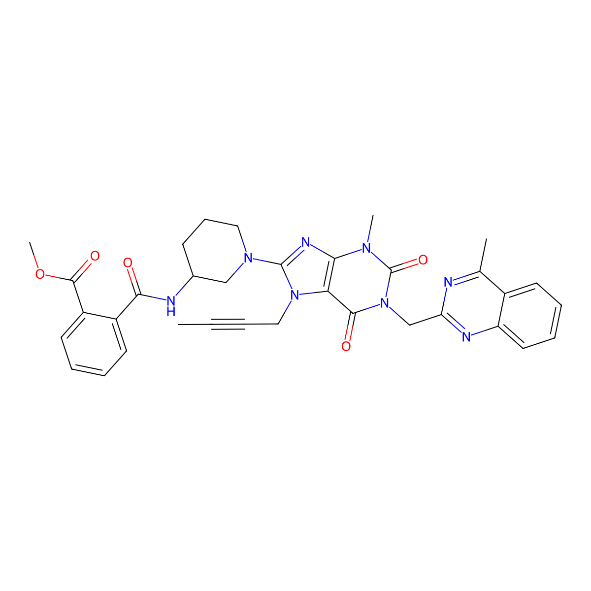 (R)-methyl 2-((1-(7-(but-2-yn-1-yl)-3-methyl-1-((4-methylquinazolin-2-yl)methyl)-2,6-dioxo-2,3,6,7-tetrahydro-1H-purin-8-yl)piperidin-3-yl)carbamoyl)benzoate molecular structure, CAS 2444011-29-2