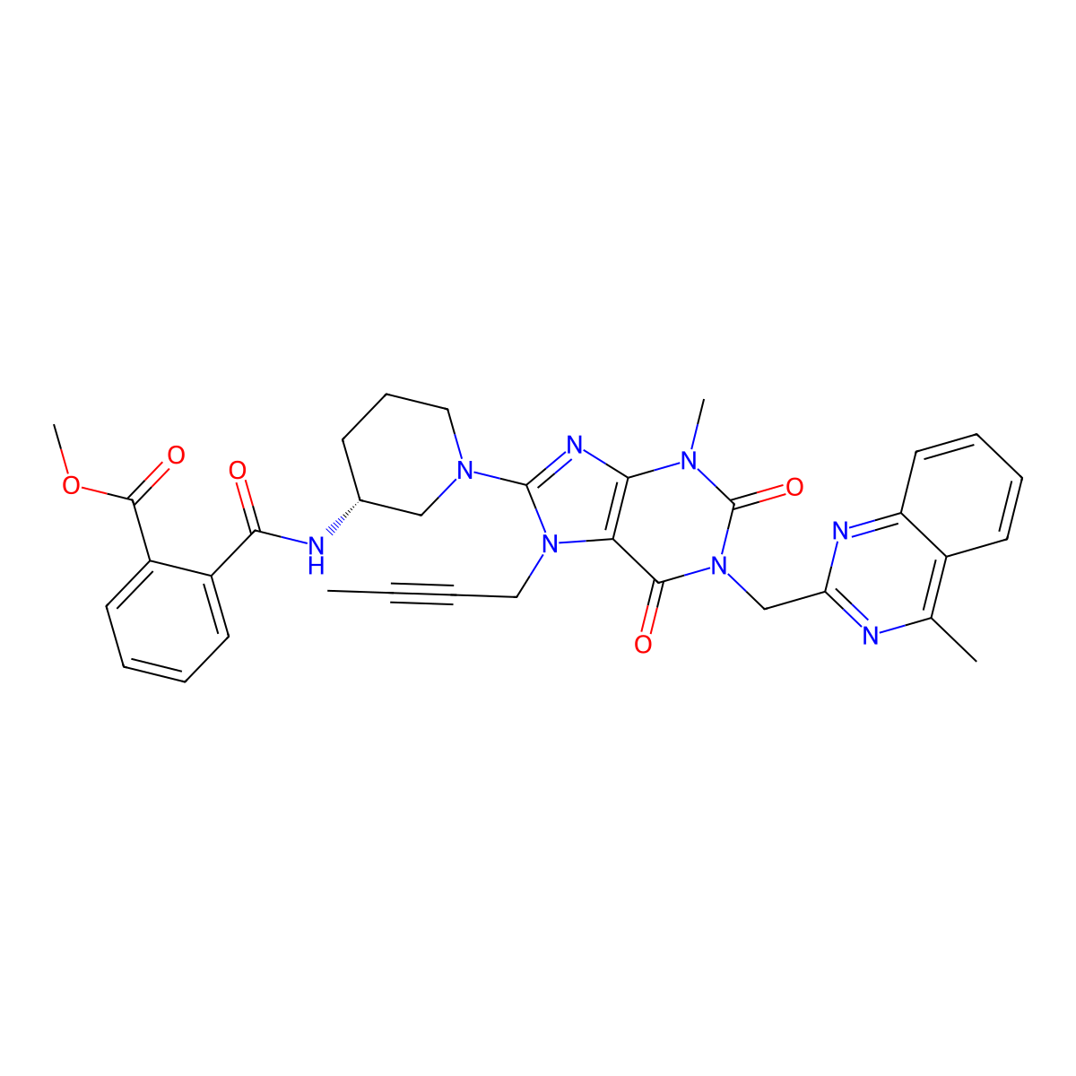 (R)-methyl 2-((1-(7-(but-2-yn-1-yl)-3-methyl-1-((4-methylquinazolin-2-yl)methyl)-2,6-dioxo-2,3,6,7-tetrahydro-1H-purin-8-yl)piperidin-3-yl)carbamoyl)benzoate molecular structure, CAS 2444011-29-2