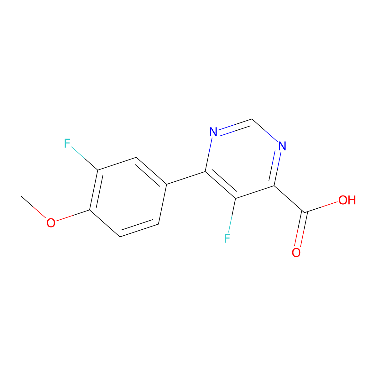 5-Fluoro-6-(3-fluoro-4-methoxyphenyl)pyrimidine-4-carboxylic acid molecular structure, CAS 2444044-92-0