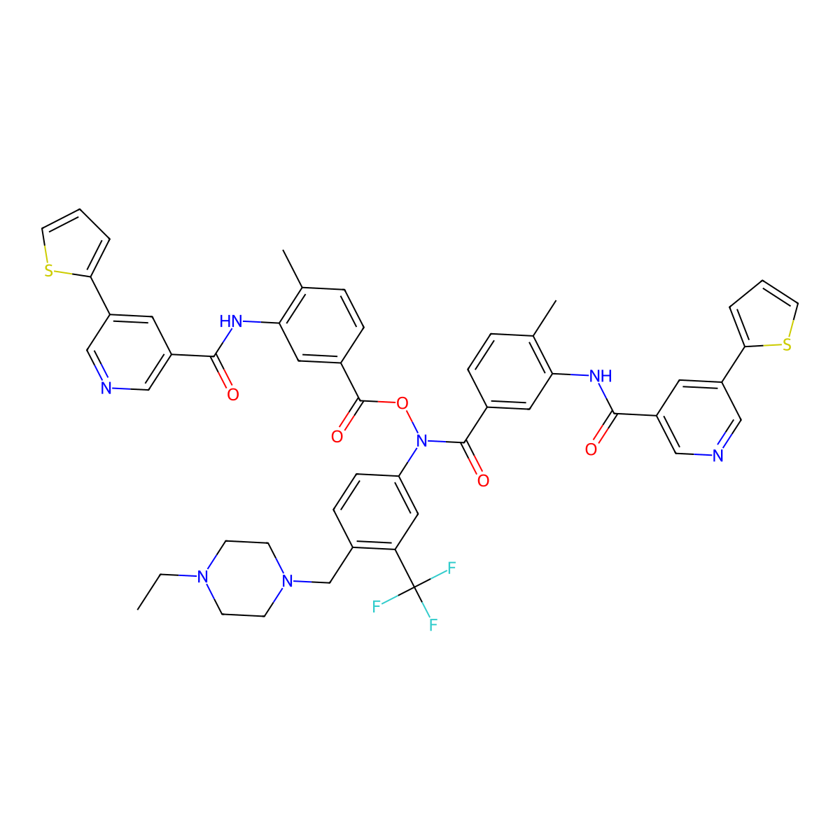 N-(5-((4-((4-ethylpiperazin-1-yl)methyl)-3-(trifluoromethyl)phenyl)((4-methyl-3-(5-(thiophen-2-yl)nicotinamido)benzoyl)oxy)carbamoyl)-2-methylphenyl)-5-(thiophen-2-yl)nicotinamide molecular structure, CAS 2444046-00-6