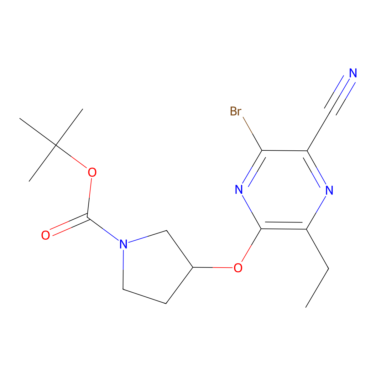 (R)-tert-butyl 3-((6-bromo-5-cyano-3-ethylpyrazin-2-yl)oxy)pyrrolidine-1-carboxylate molecular structure, CAS 2444046-02-8