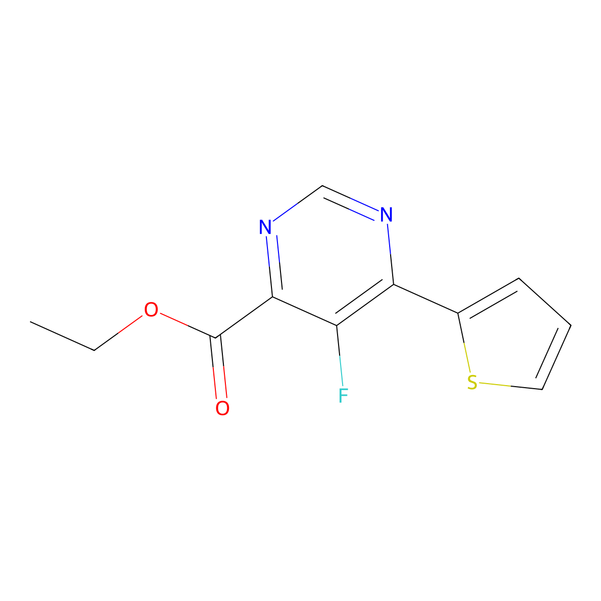 Ethyl 5-fluoro-6-(thiophen-2-yl)pyrimidine-4-carboxylate molecular structure, CAS 2444046-40-4