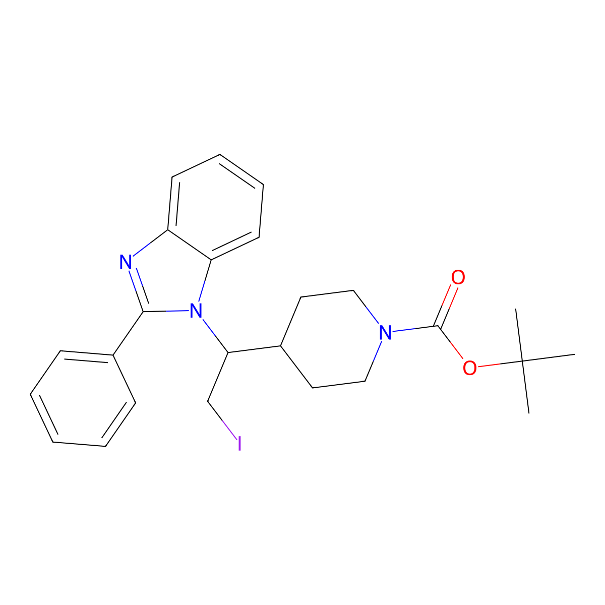 tert-butyl 4-(2-iodo-1-(2-phenyl-1H-benzo[d]imidazol-1-yl)ethyl)piperidine-1-carboxylate molecular structure, CAS 2444540-38-7