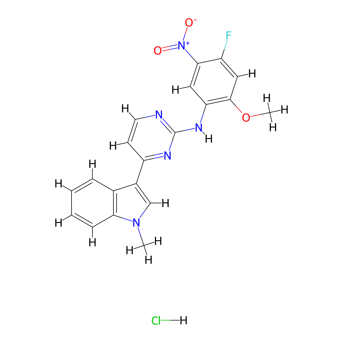 N-(4-fluoro-2-methoxy-5-nitrophenyl)-4-(1-methyl-1H-indol-3-yl)pyrimidin-2-amine hydrochloride molecular structure, CAS 2444540-58-1