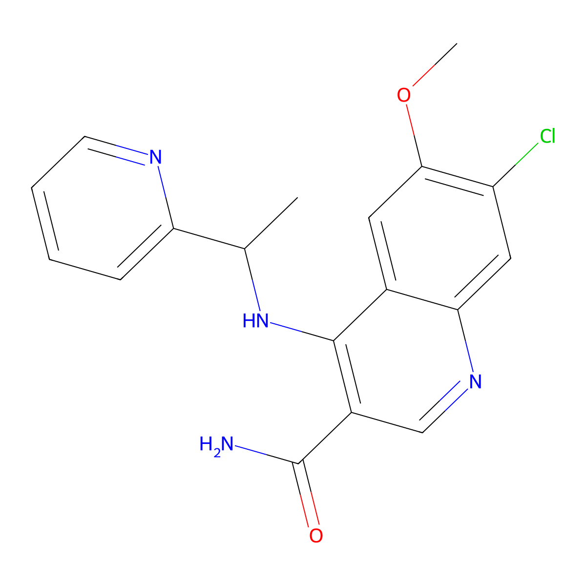 (R)-7-chloro-6-methoxy-4-((1-(pyridin-2-yl)ethyl)amino)quinoline-3-carboxamide molecular structure, CAS 2444608-43-7