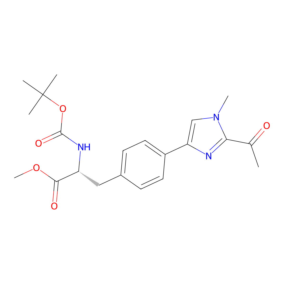 (R)-methyl 3-(4-(2-acetyl-1-methyl-1H-imidazol-4-yl)phenyl)-2-((tert-butoxycarbonyl)amino)propanoate molecular structure, CAS 2445094-45-9