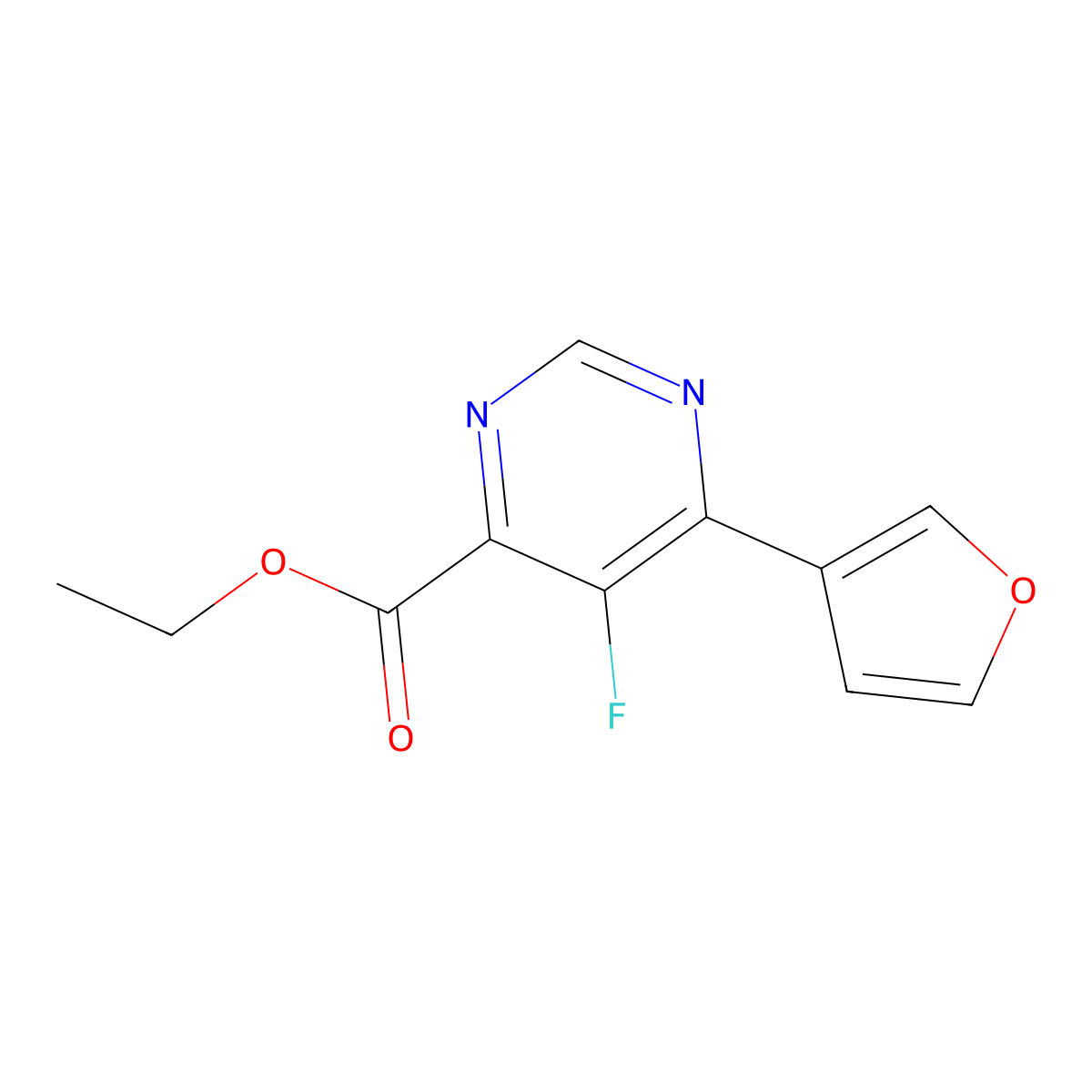 Ethyl 5-fluoro-6-(furan-3-yl)pyrimidine-4-carboxylate molecular structure, CAS 2445218-20-0