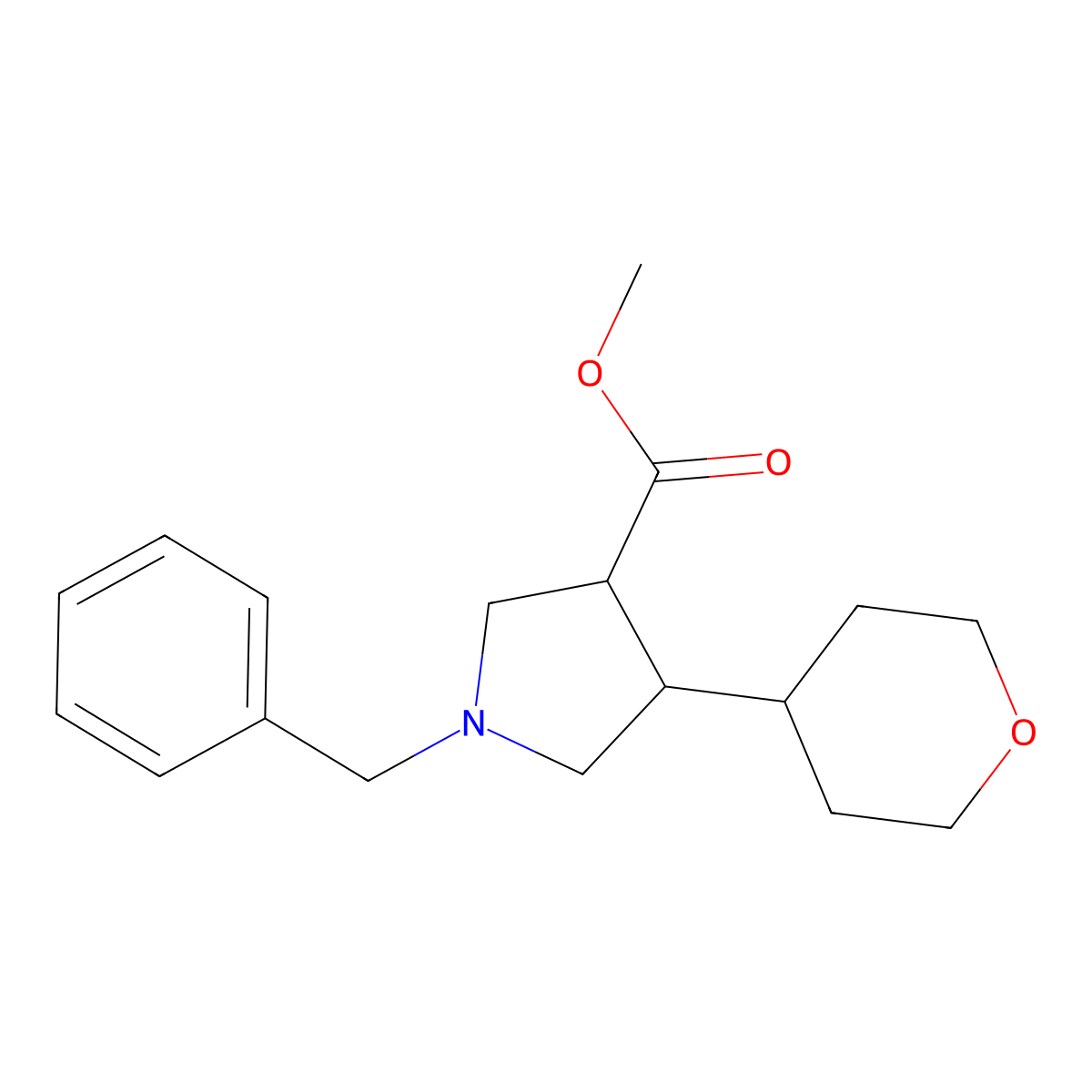 rac-methyl (3R,4R)-1-benzyl-4-(oxan-4-yl)pyrrolidine-3-carboxylate molecular structure, CAS 2445749-56-2