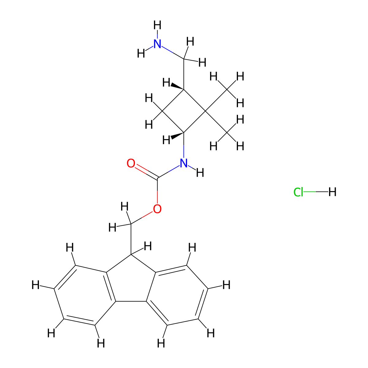 rac-(9H-fluoren-9-yl)methylN-[(1R,3S)-3-(aminomethyl)-2,2-dimethylcyclobutyl]carbamatehydrochloride,cis molecular structure, CAS 2445749-58-4