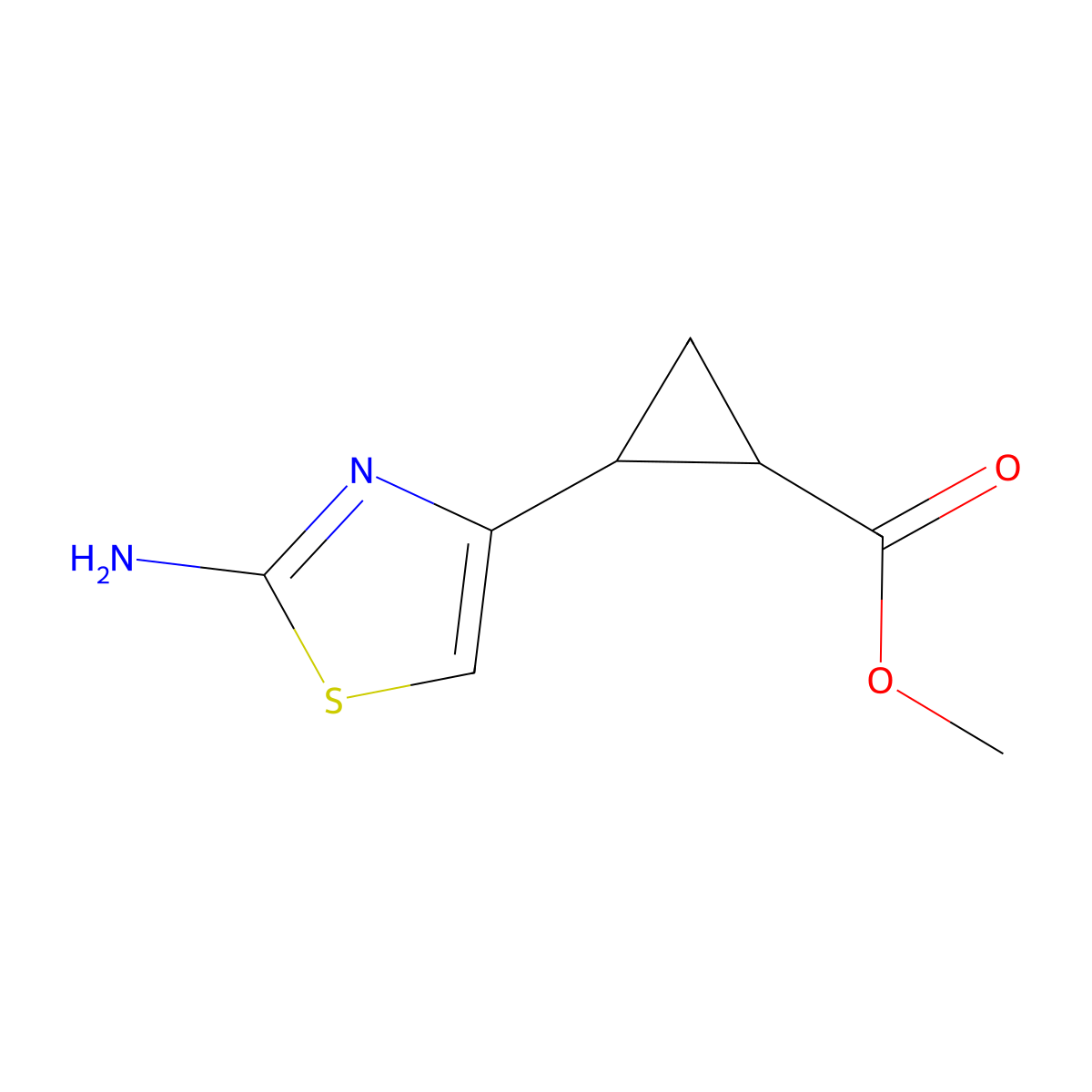 rac-methyl(1R,2R)-2-(2-amino-1,3-thiazol-4-yl)cyclopropane-1-carboxylate,trans molecular structure, CAS 2445750-35-4