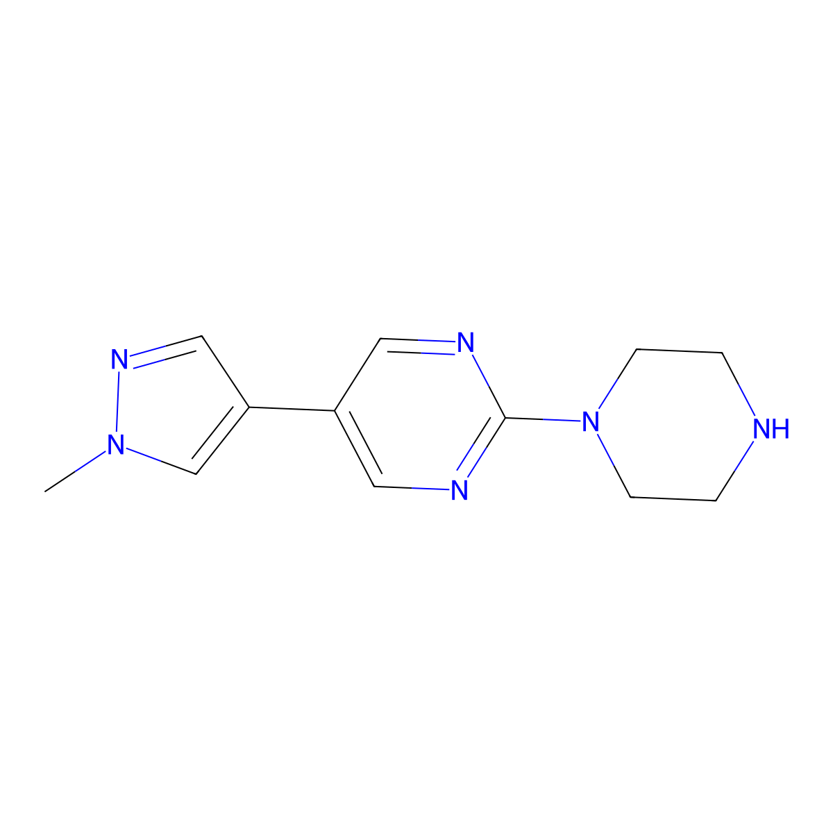 5-(1-methyl-1H-pyrazol-4-yl)-2-(piperazin-1-yl)pyrimidine molecular structure, CAS 2445781-14-4