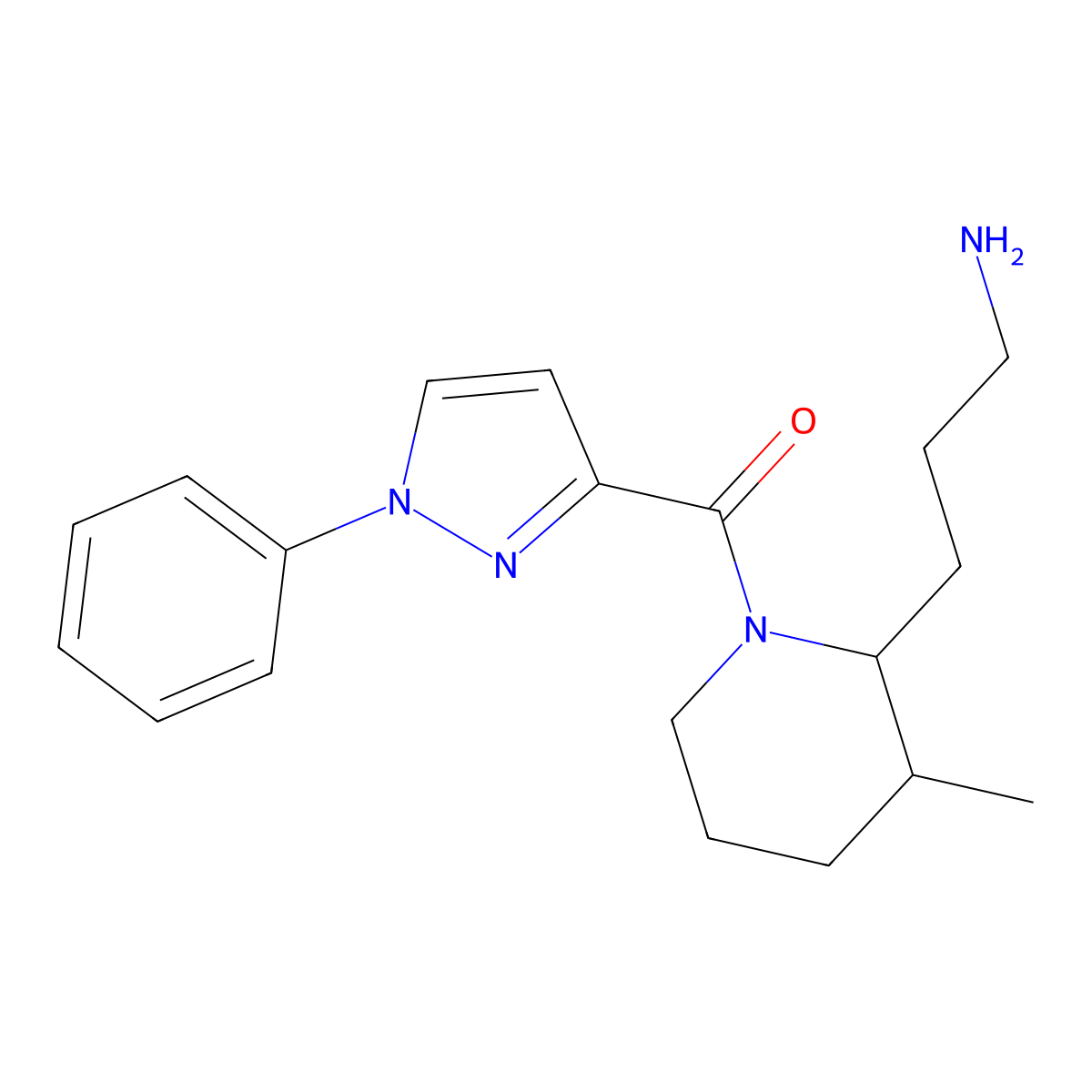 3-[3-methyl-1-(1-phenyl-1H-pyrazole-3-carbonyl)piperidin-2-yl]propan-1-amine molecular structure, CAS 2445790-62-3