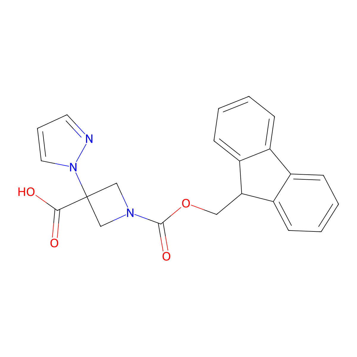 1-(9H-Fluoren-9-ylmethoxycarbonyl)-3-pyrazol-1-ylazetidine-3-carboxylic acid molecular structure, CAS 2445792-59-4